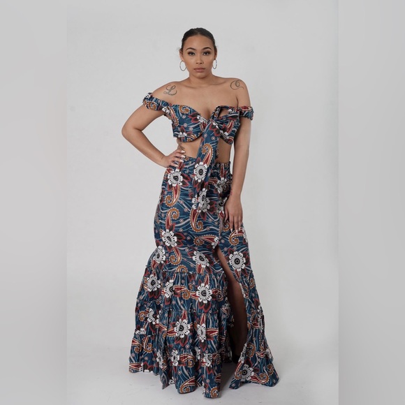 African Print Ankara Cotton Floral Print Tie Front Top and Maxi Skirt Set - Picture 6 of 13